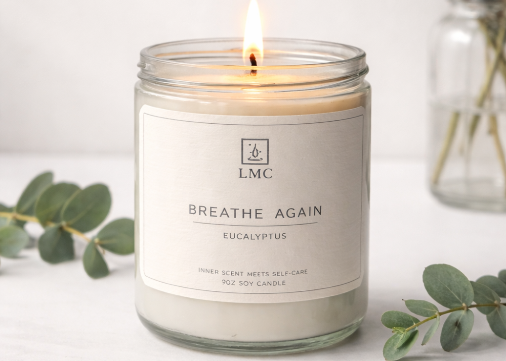 Candle in a glass jar with a label on a white background